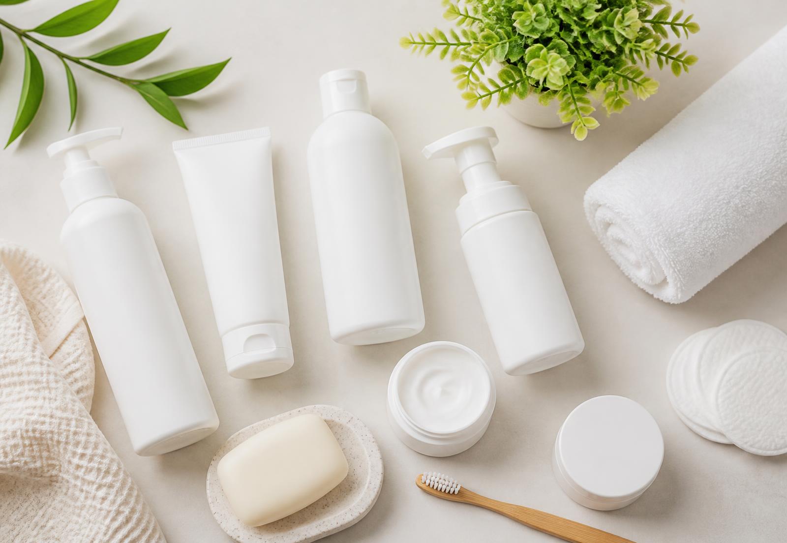 Produtos de higiene, beleza e cuidados pessoais organizados sobre fundo claro